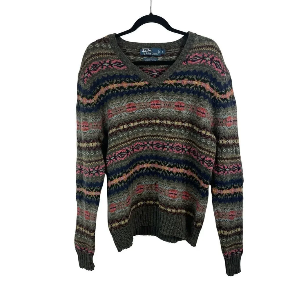 Polo Ralph Lauren Lambswool Alpaca Jacquard Fair Isle V Neck Sweater Green VTG L - Picture 2 of 9